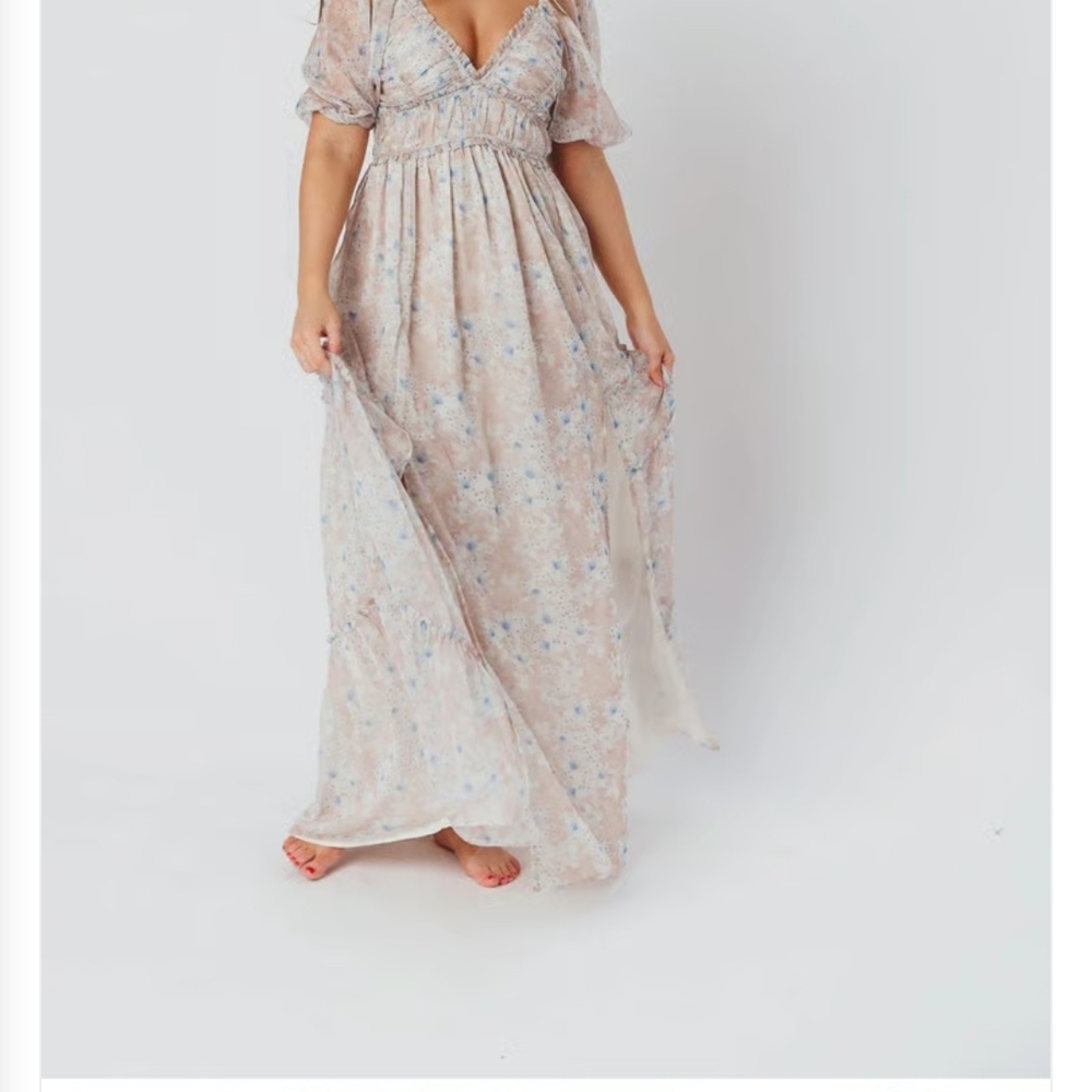 Worth Collection  Cream and Blue Floral Maxi Dress